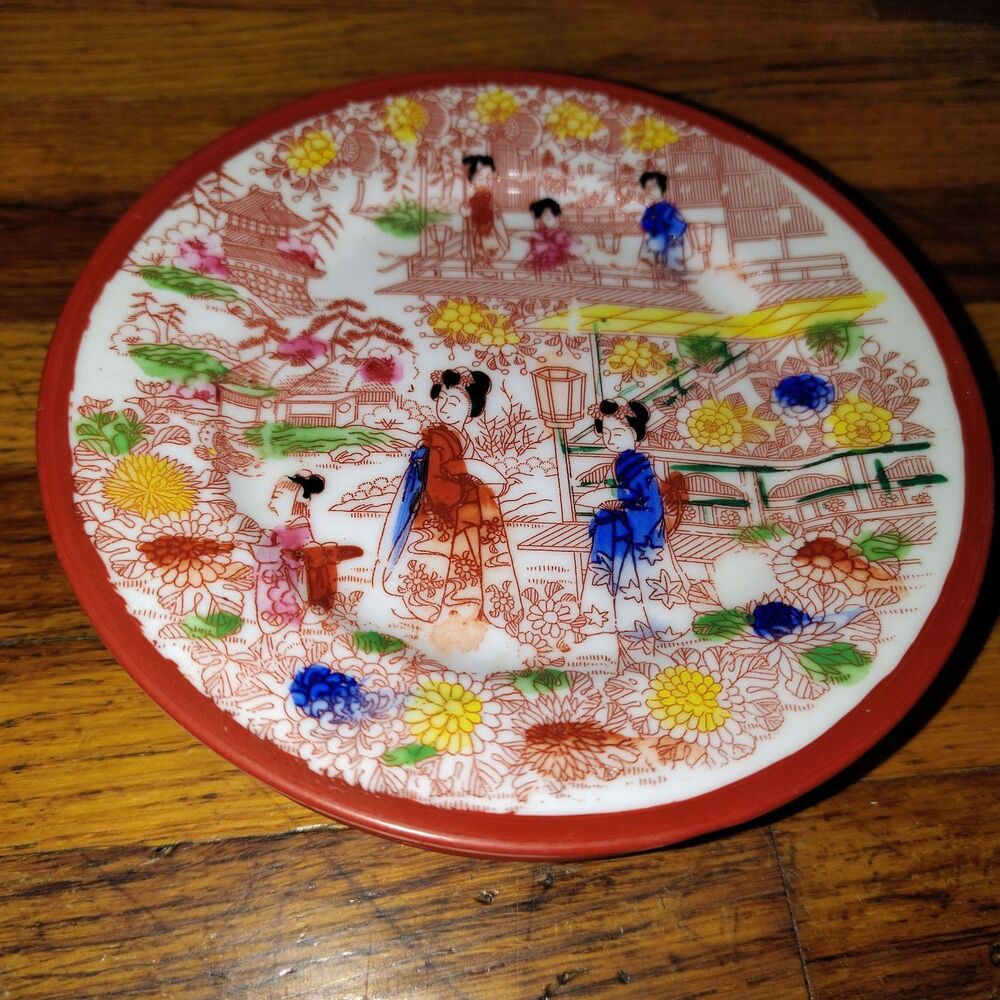 Vtg Set 4 Japanese Geisha Girl Hand Painted Eggshell Porcelain Plates Small 6.5"